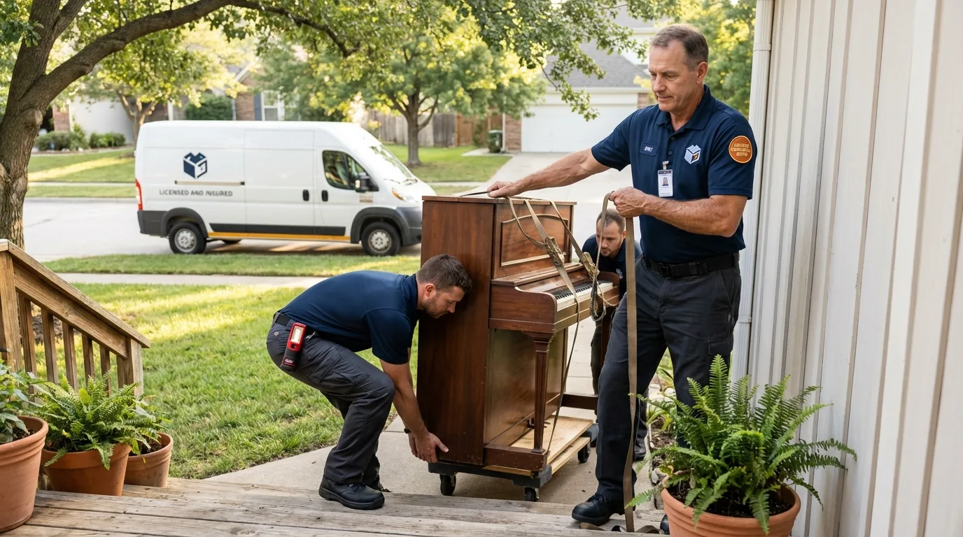 Licensed piano movers securing grand piano in Haines City, FL