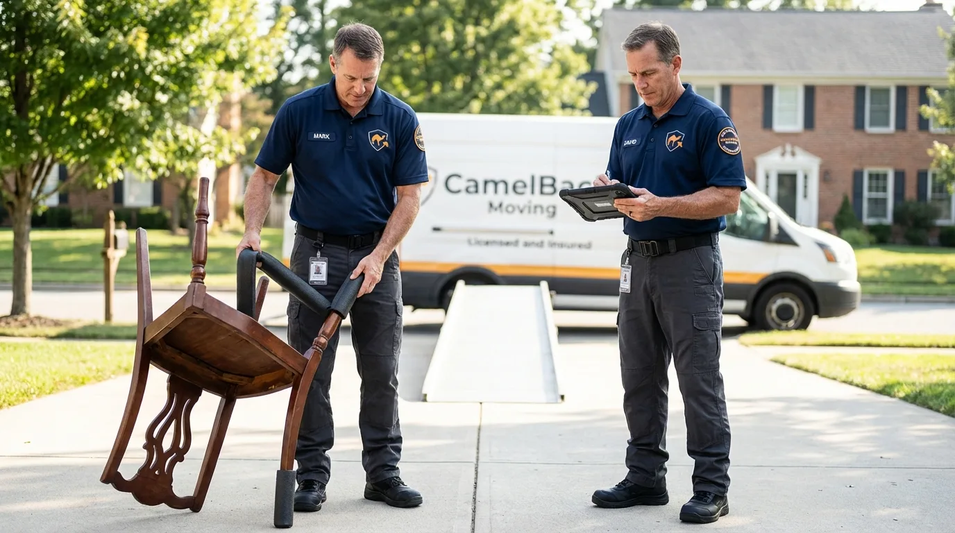 Movers inspecting furniture for damage prevention before loading in Haines City, FL