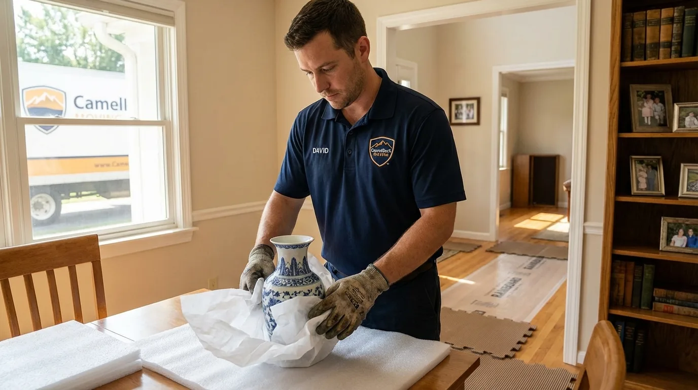 Professional crew carefully wrapping antique vase for senior downsizing move in Haines City, FL
